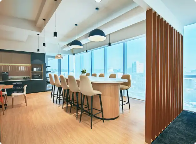 Workstations in a custom-built Table Space office