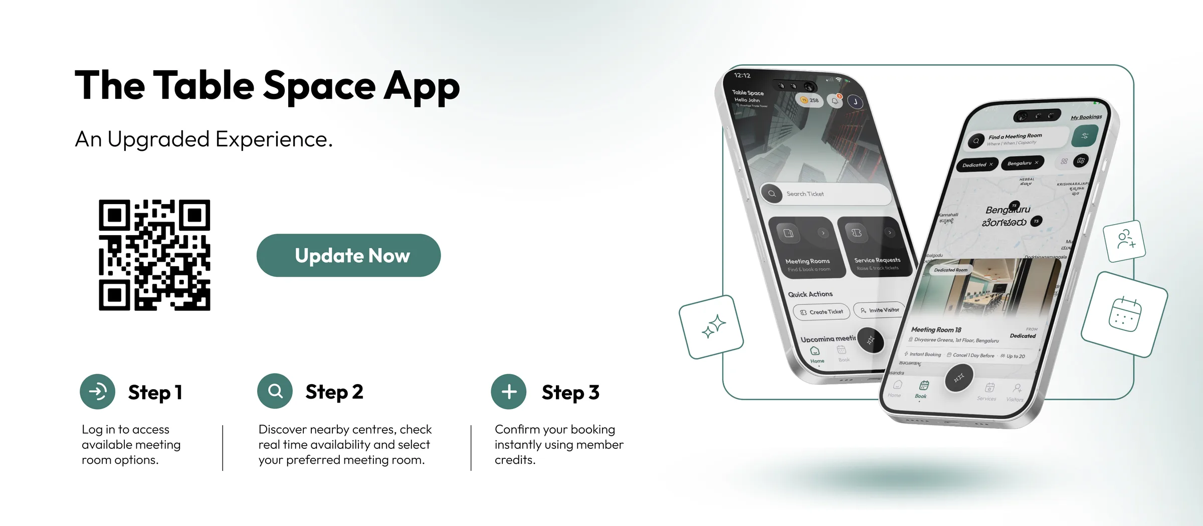 Looking to book a meeting room? Download the Table Space app — Step 1: log in to access meeting room options. Step 2: browse locations, view availability and select your room. Step 3: confirm your booking and customise with add-ons (F&B, décor, services).